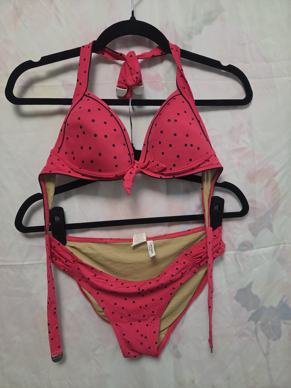Calvin Klein Pink and Black Polka Dot Bikini Top
